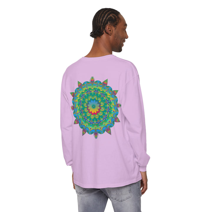 Colorful and intricate psychedelic mandala design on a long sleeve t-shirt