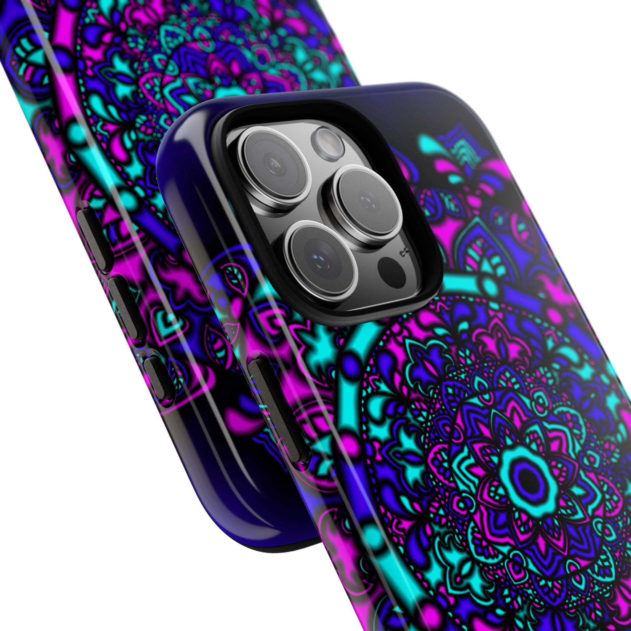 Mandala Neon Phone Case — Purple & Teal Protective Tough Case