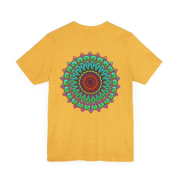 A vibrant and colorful mandala tee shirt, symbolizing spiritual peace and harmony with intricate patterns and soothing colors