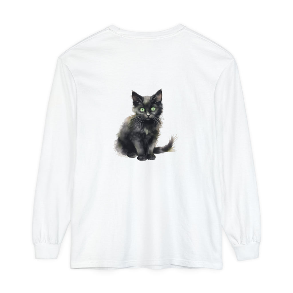 Watercolor t-shirt depicting a black cat with mesmerizing green eyes