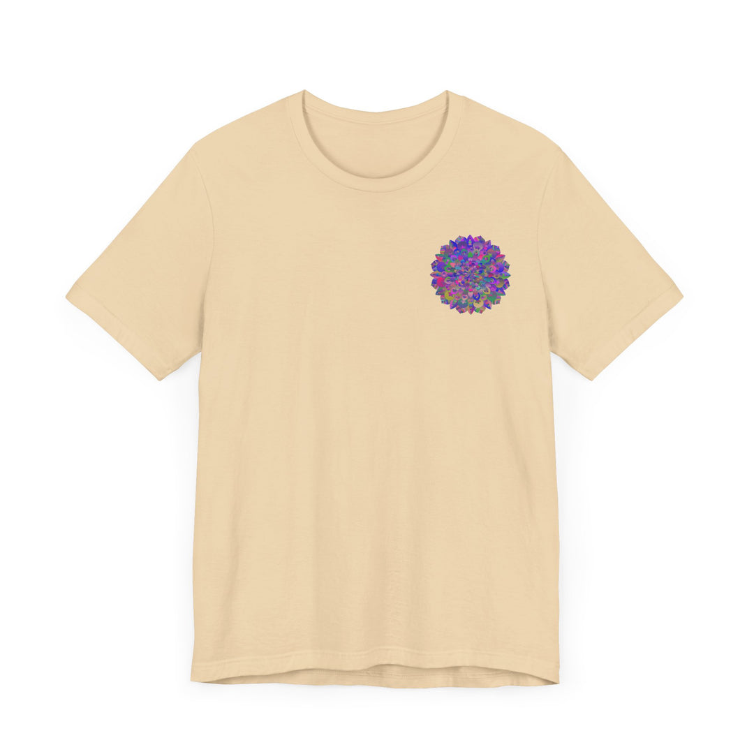 A colorful mandala tee featuring intricate spiritual designs for peace and harmony