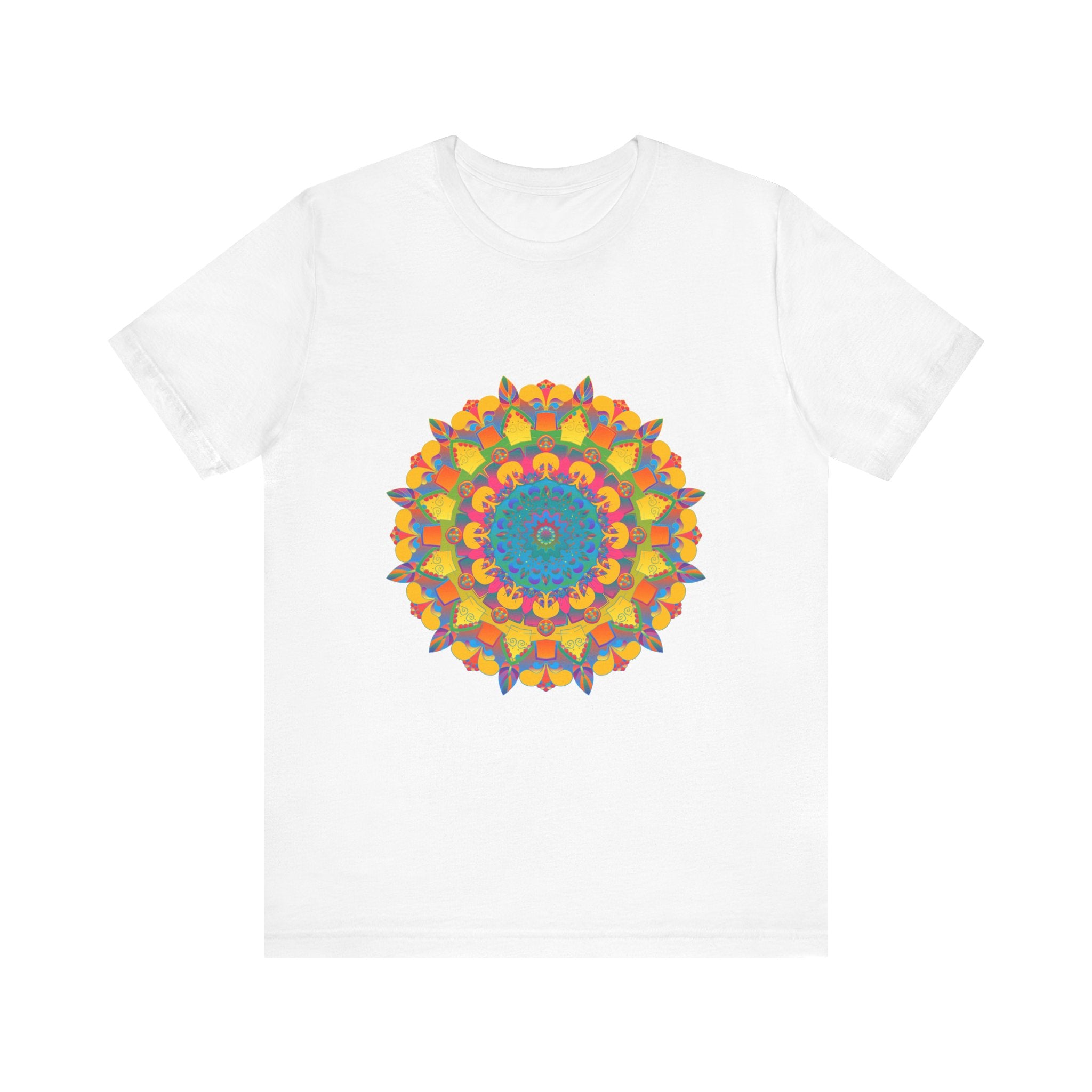 Vibrant Mandala Tee showcasing a colorful and intricate geometric design in various shades of blue, pink, yellow, and purple, creating a visually captivating and unique pattern