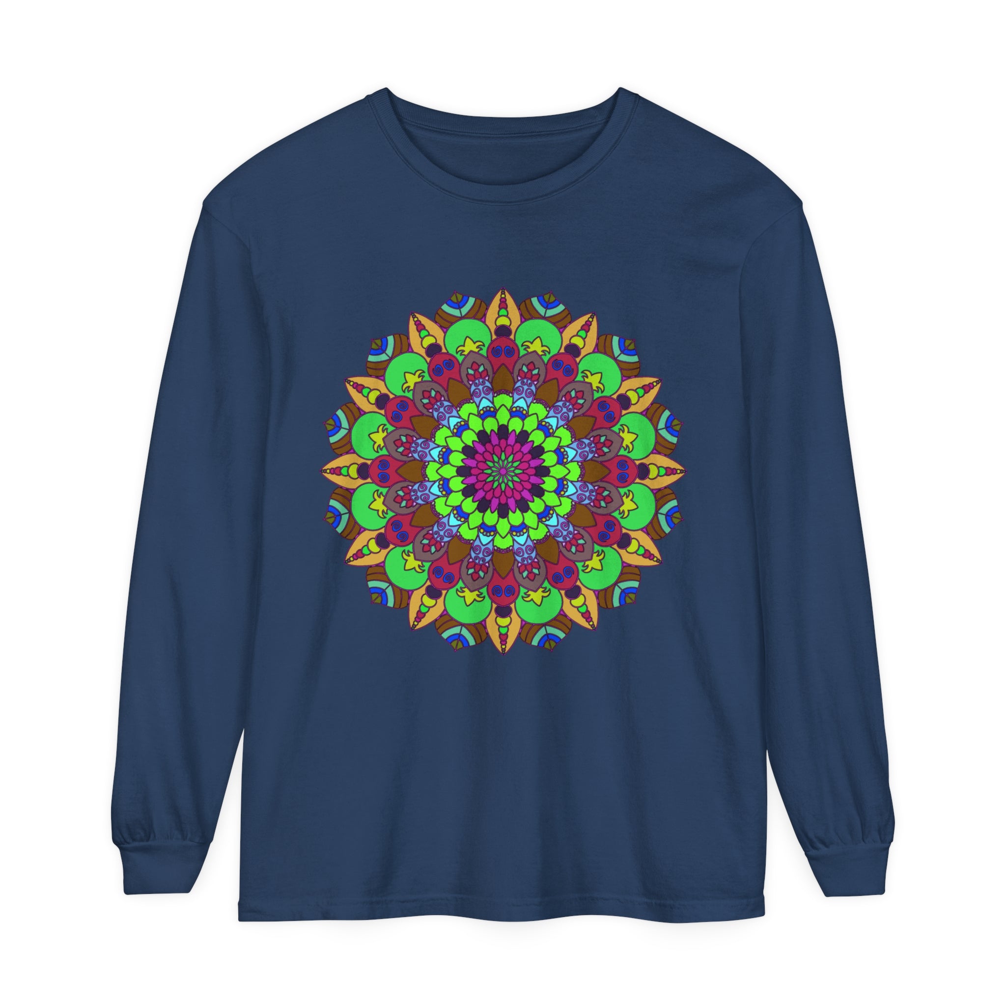 Vibrantly colored mandala design long sleeve t-shirt for men and women