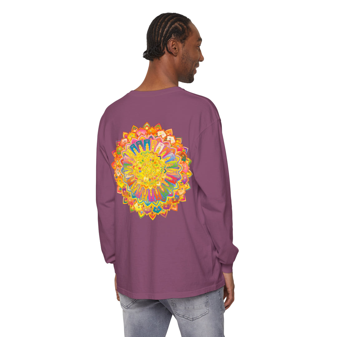 A detailed, colorful unisex long sleeve t-shirt featuring an intricate mandala design