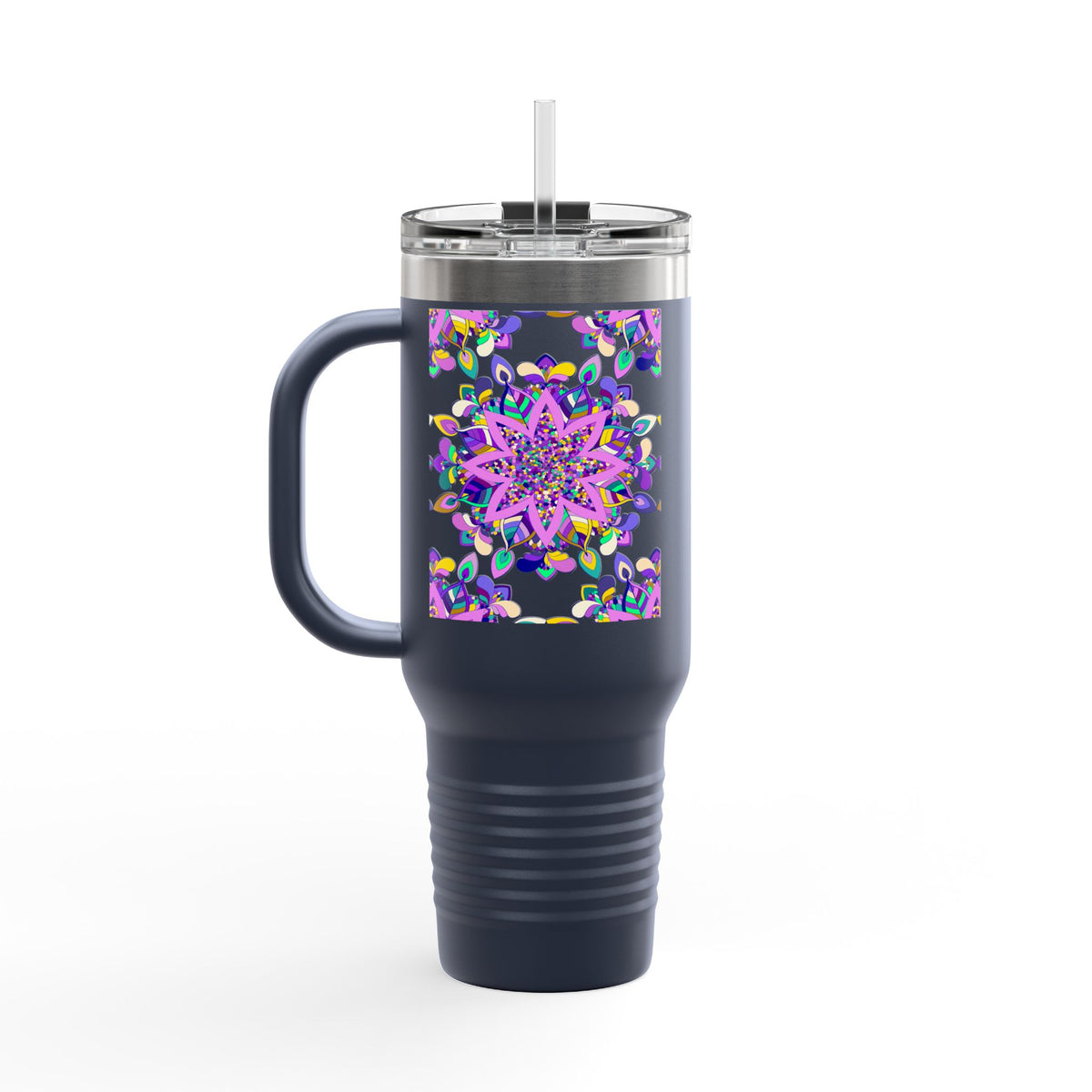 40oz Insulated Travel Mug — Purple Floral Mandala Design