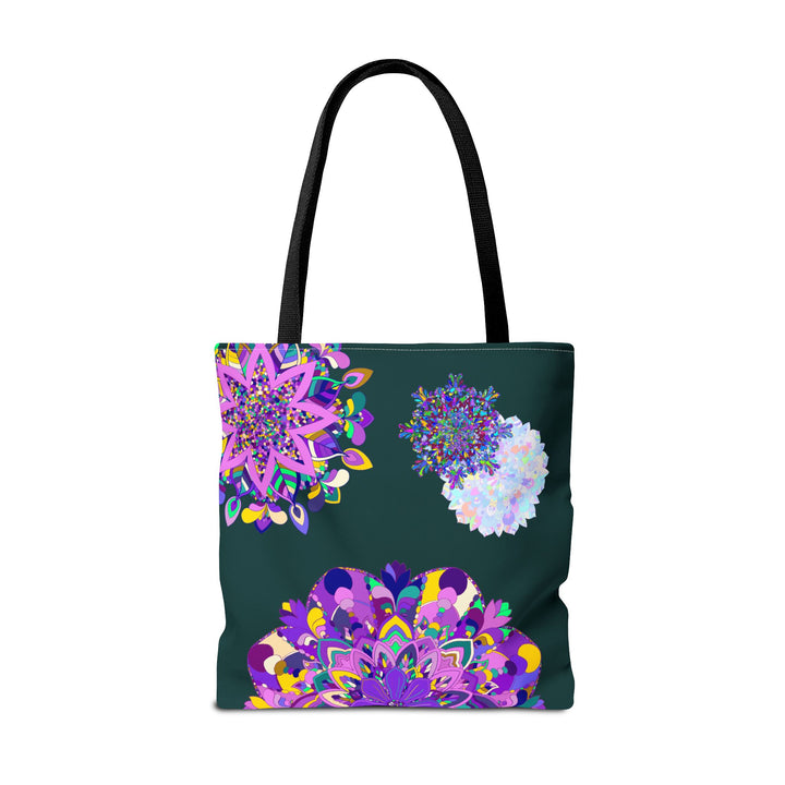 A close-up image of a handcrafted, colorful Mandala Tote Bag with intricate floral and geometric designs, perfect for carrying essentials in style