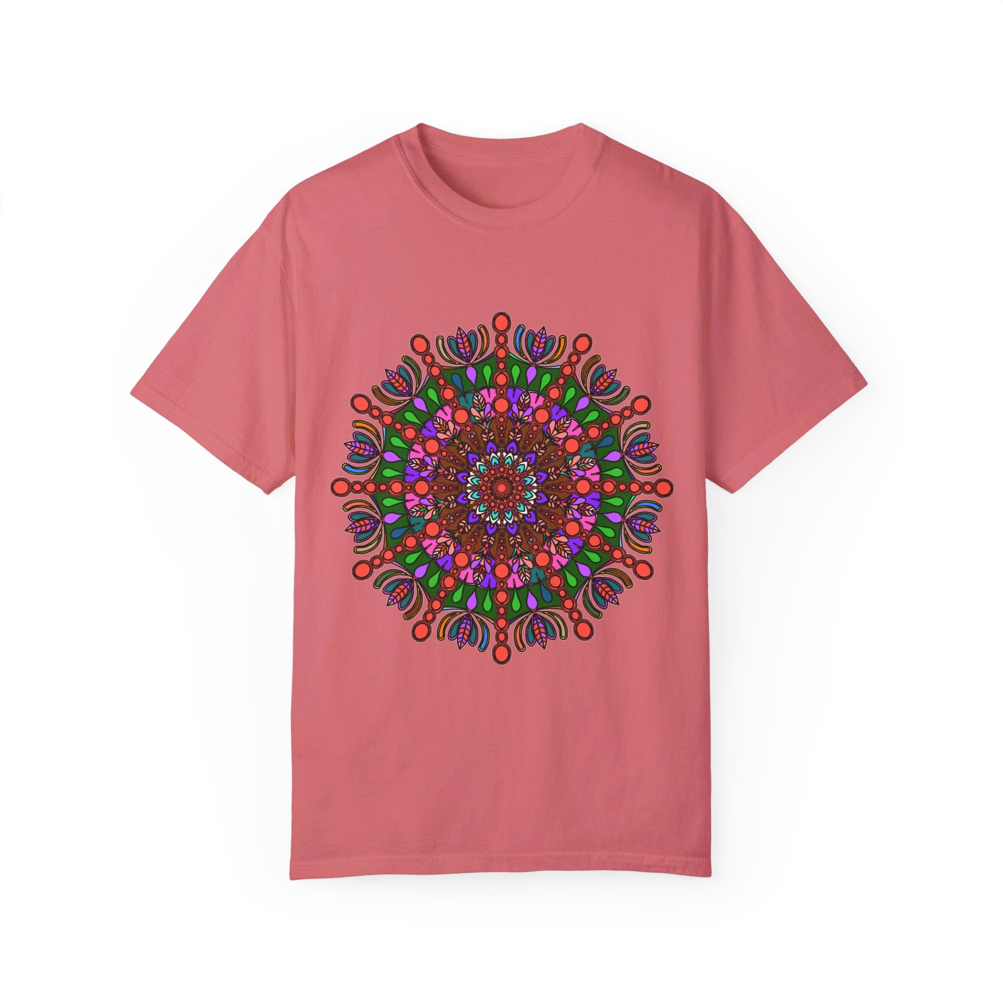 Unisex mandala t-shirt featuring hand-drawn mandala art on 100% ring-spun cotton, garment-dyed for extra comfort