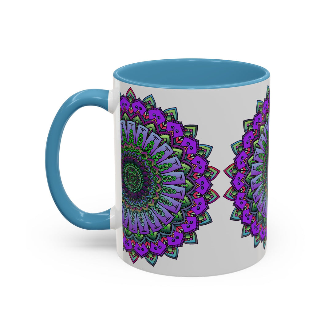 A close-up image of a vibrant mandala mug featuring intricate spiritual art designs