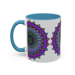 A close-up image of a vibrant mandala mug featuring intricate spiritual art designs