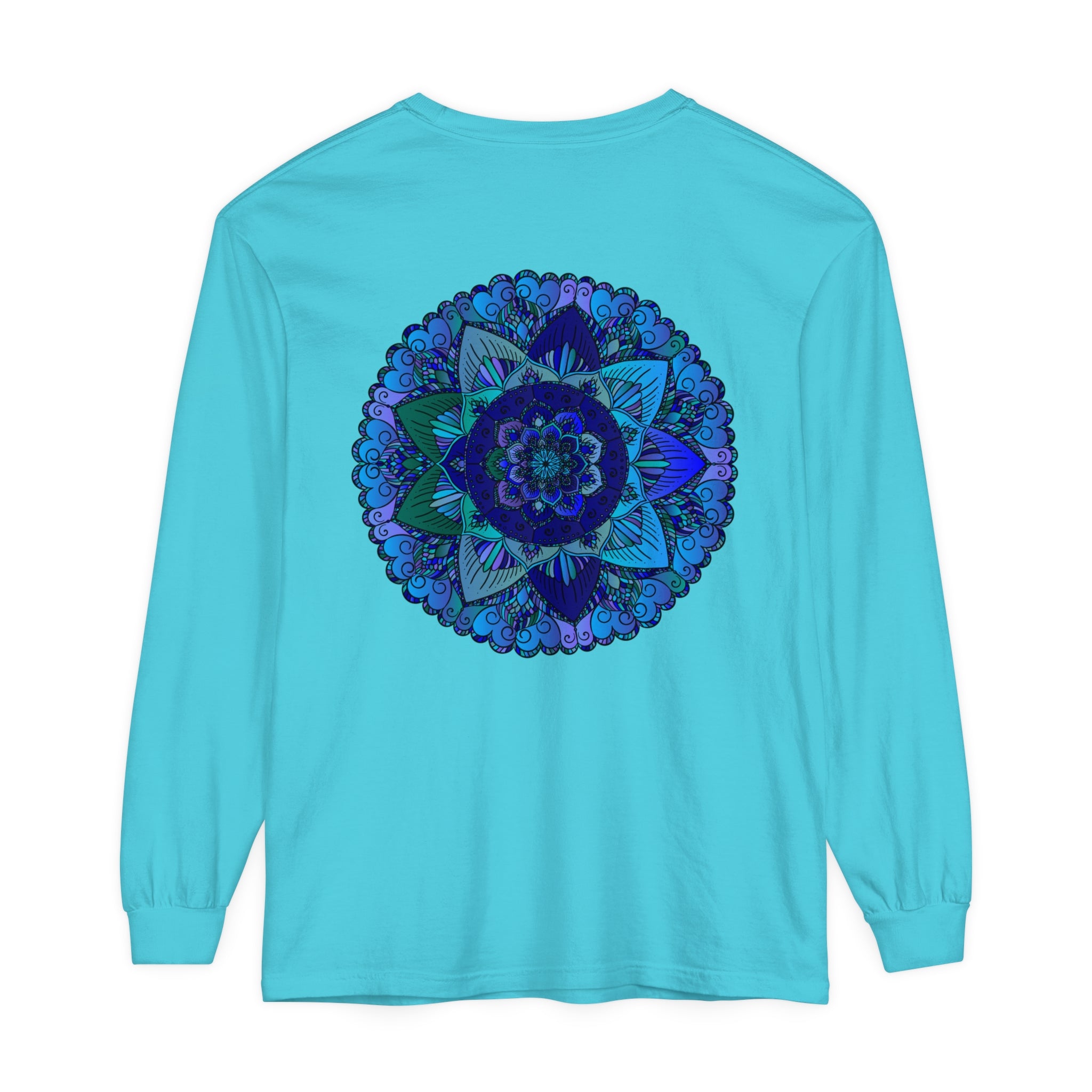 Dark blue and green mandala long sleeve t-shirt with intricate design