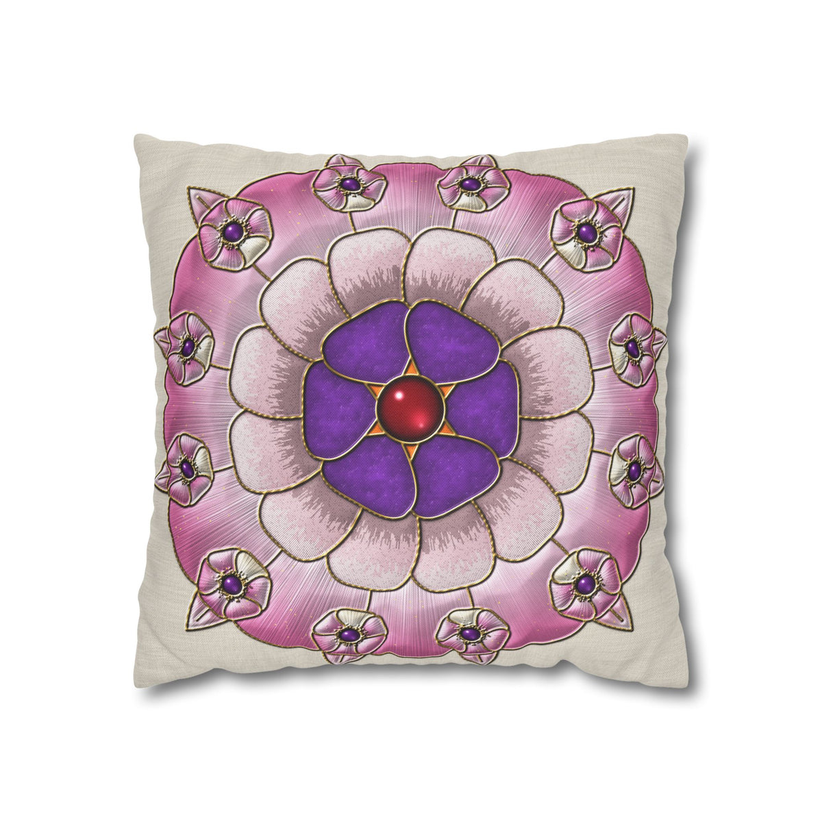 Federa quadrata con motivo a mandala floreale rosa e viola