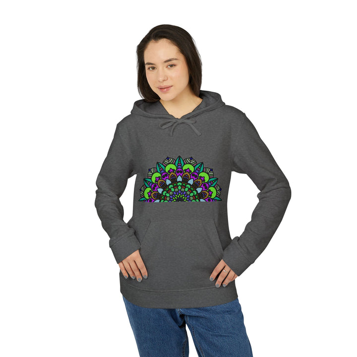 Colorful and intricate psychedelic mandala design on Adidas fleece hoodie