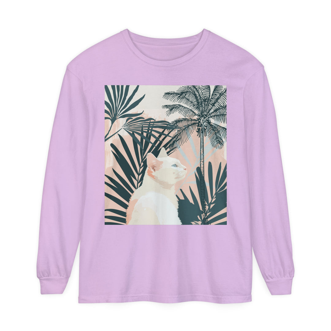 White Cat Tropical Mandala Long Sleeve T-Shirt with vibrant colors and intricate design