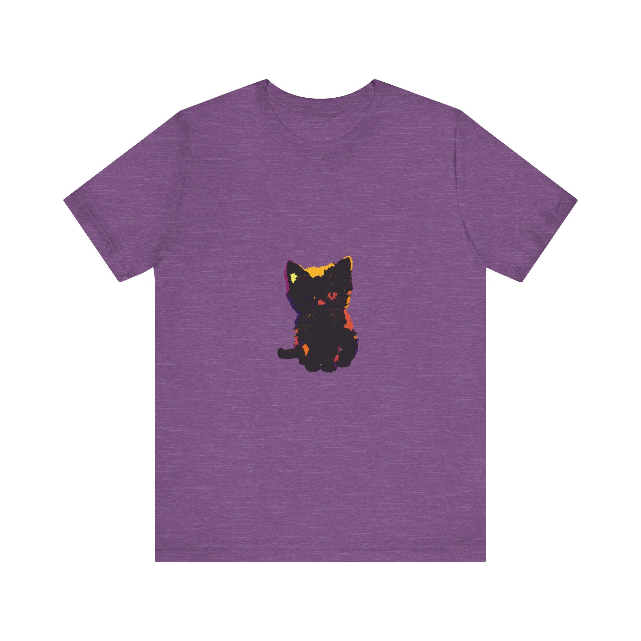 A black t-shirt featuring a mysterious black cat with one piercing blue eye