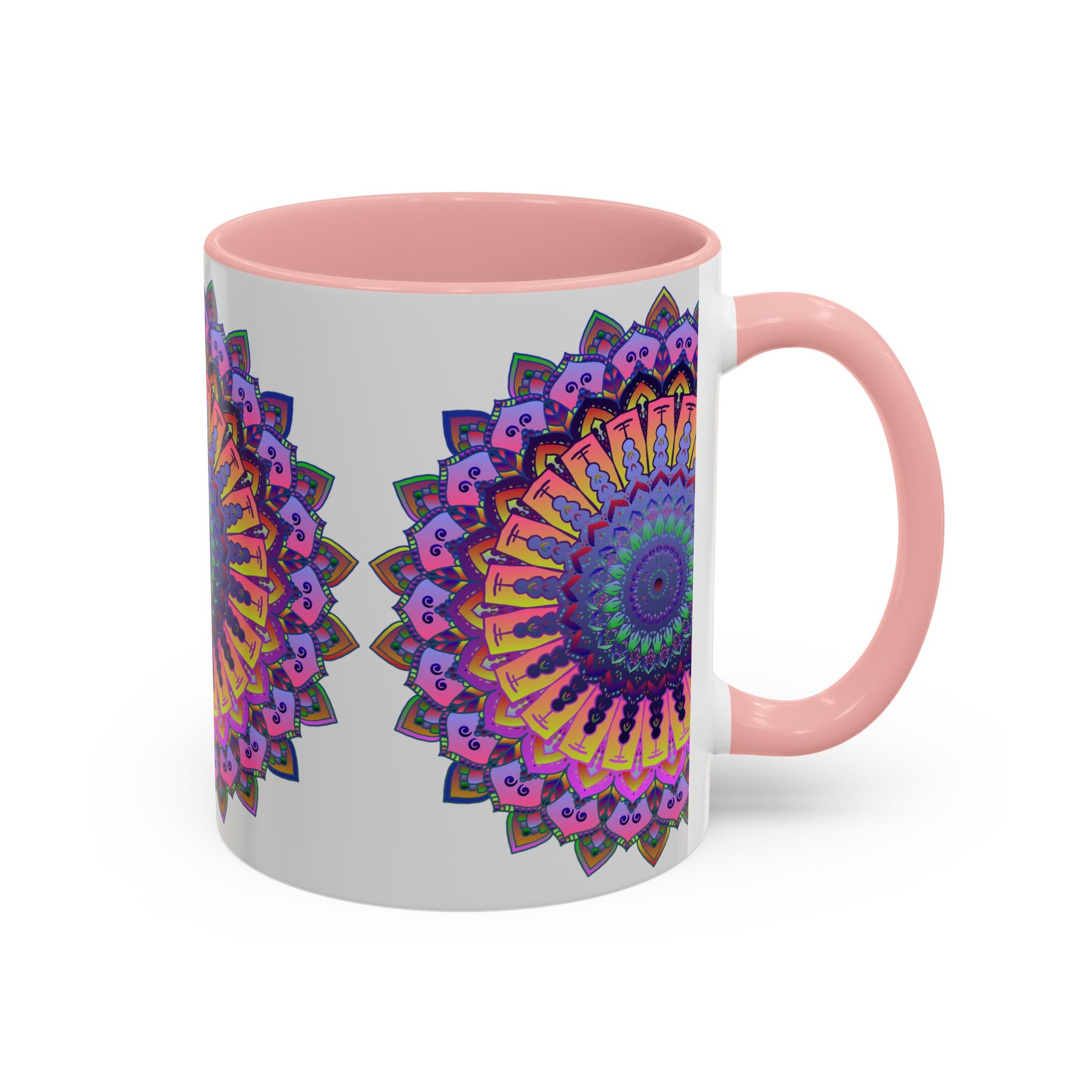 Beautiful grey ceramic mug with vibrant mandala art design, perfect for adding a pop of color to your morning coffee routine