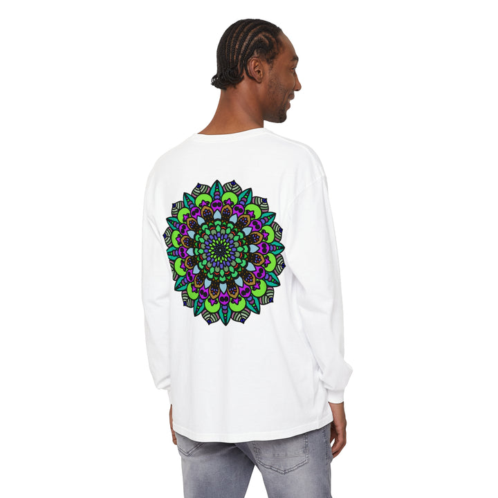 Colorful psychedelic mandala design on a unisex long sleeve t-shirt