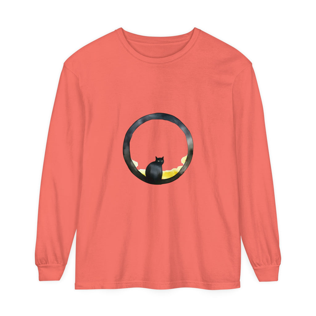 Black Cat Moon Glow Long Sleeve T-Shirt, featuring a mystical cat silhouette against a glowing moon on a black background, perfect for spooky nights