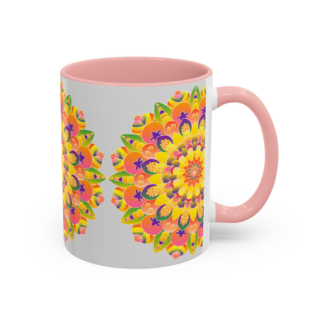 Close up of handcrafted mandala mug with colorful and vibrant bohemian art pattern