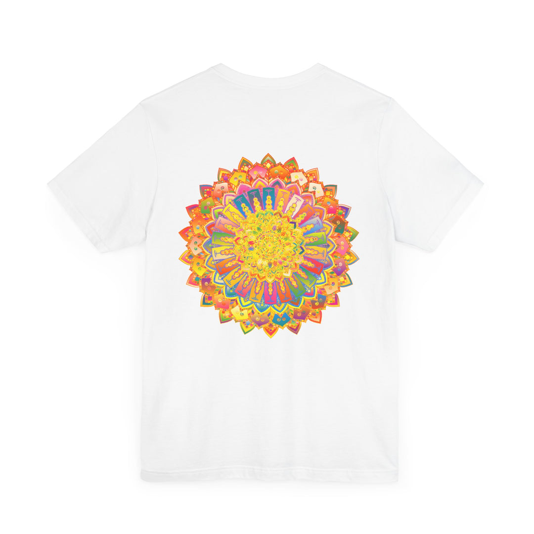 A colorful and intricate mandala design adorns this vibrant tee, symbolizing spiritual peace and harmony