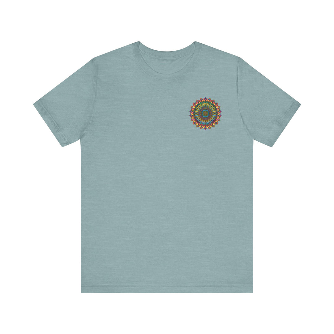 A colorful and intricate mandala design on a comfortable t-shirt promoting spiritual peace and harmony