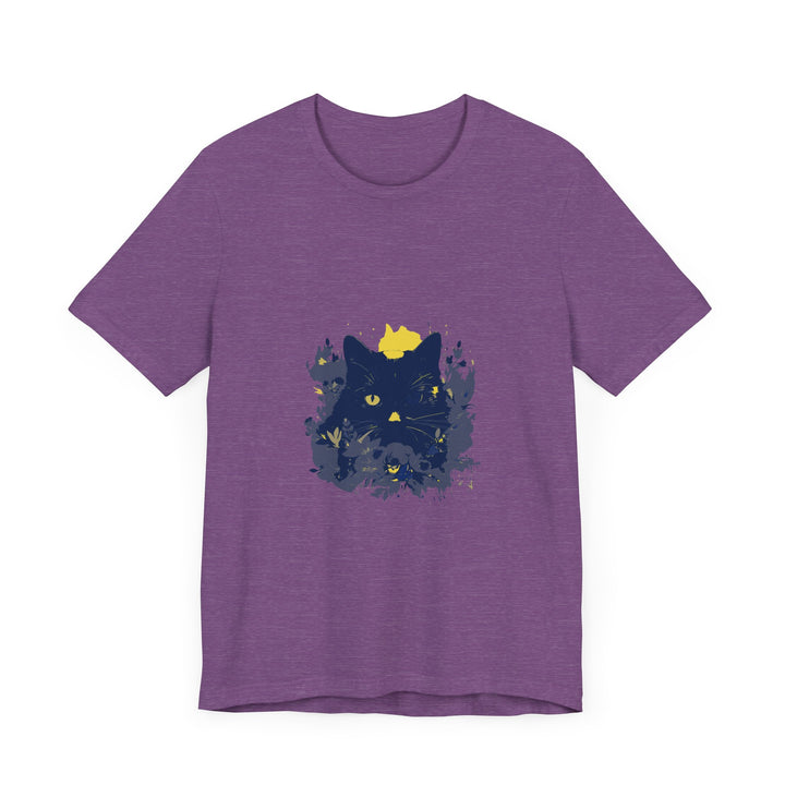 A black cat with yellow eyes and a mischievous grin surrounded by whimsical flowers on a mystery-themed t-shirt