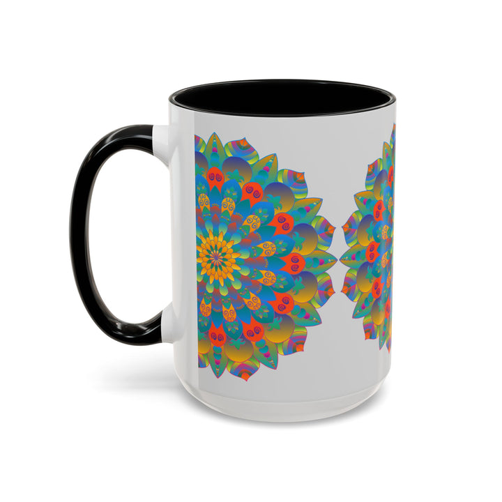 Vibrant yellow, orange and blue mandala art mug with intricate design