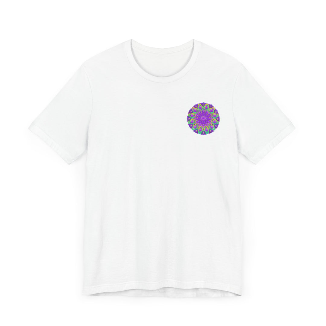 Close-up of a comfortable purple mandala tee shirt promoting spiritual peace and harmony with intricate designs and soothing colors