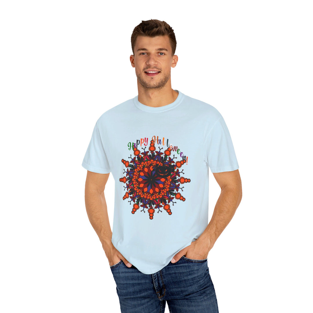 Handmade unisex Halloween Mandala T-shirt featuring intricate pumpkin mandala art on a garment-dyed tee