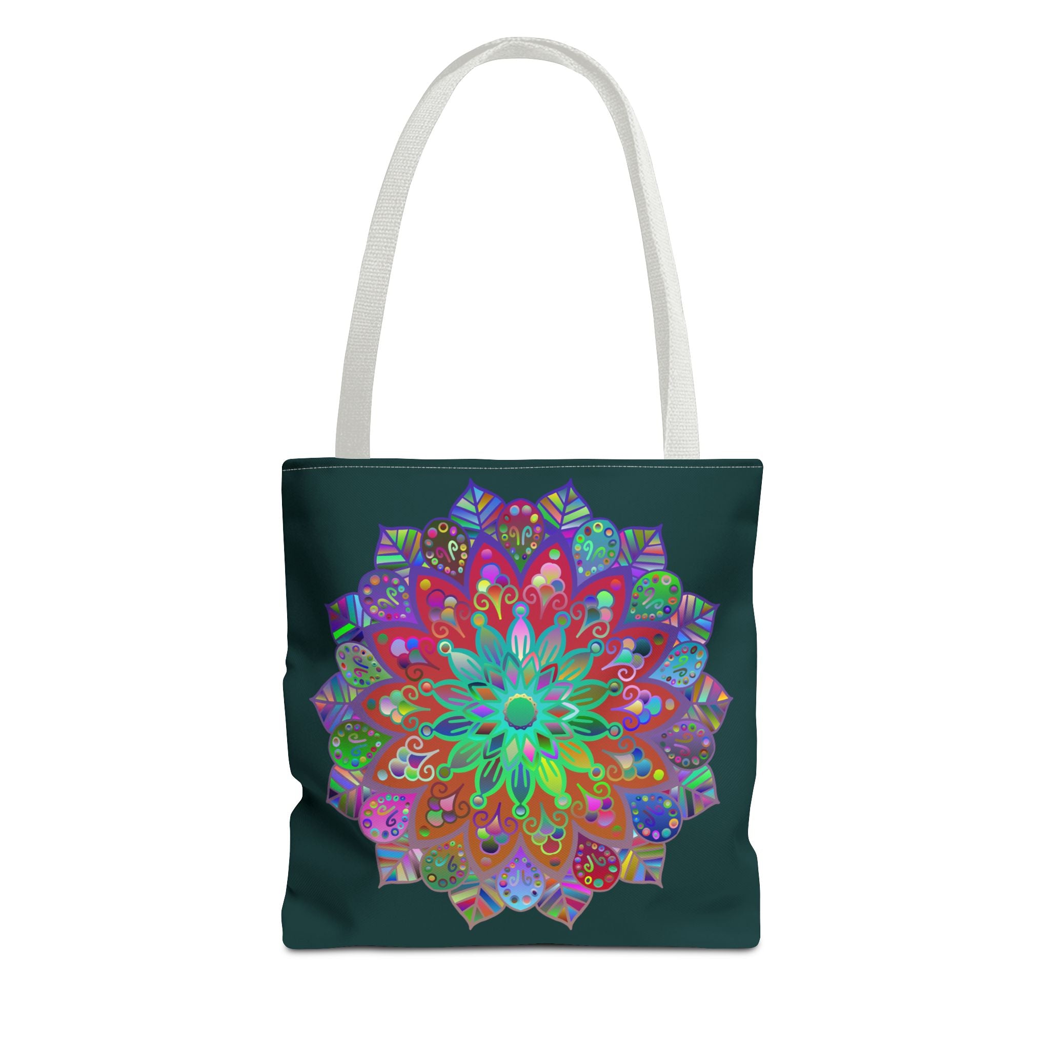 Large dark green tote bag featuring vibrant mandala pattern