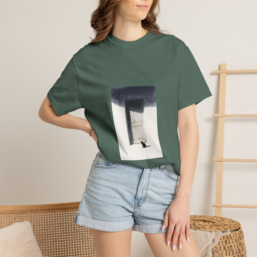 T-Shirt — Minimal Art Cat at Door Graphic Tee