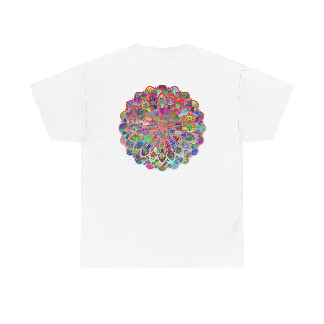 A close-up of a white unisex heavy cotton tee with a colorful mandala art design representing mindfulness and yoga