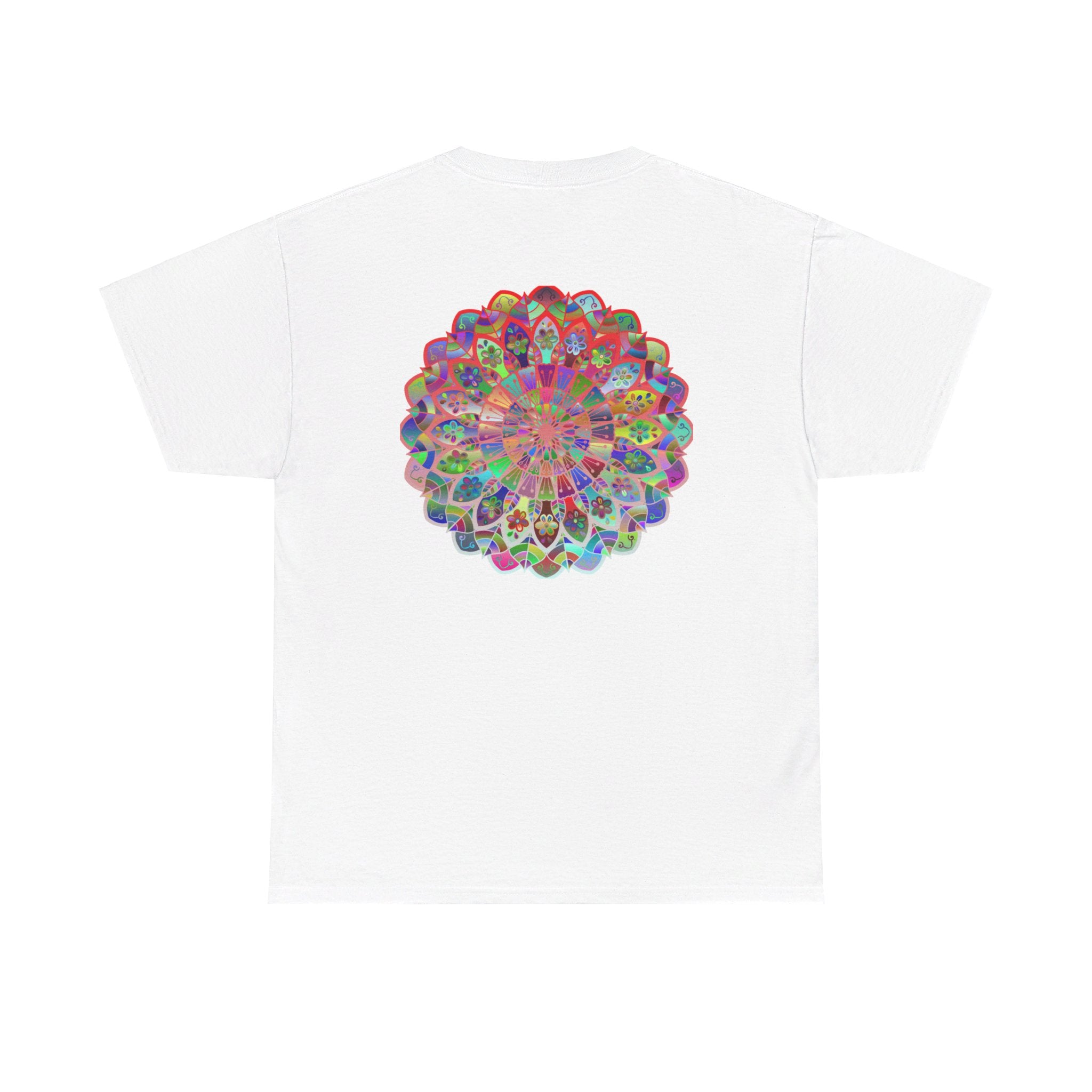 A close-up of a white unisex heavy cotton tee with a colorful mandala art design representing mindfulness and yoga