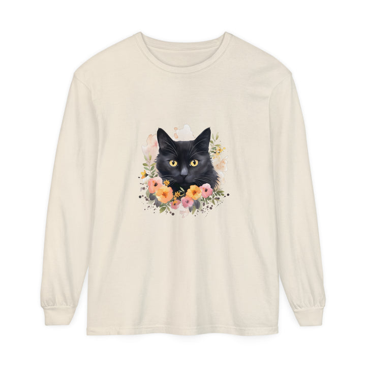 Black Cat Floral Portrait Unisex T-Shirt with intricate floral design and realistic cat illustration on a black background