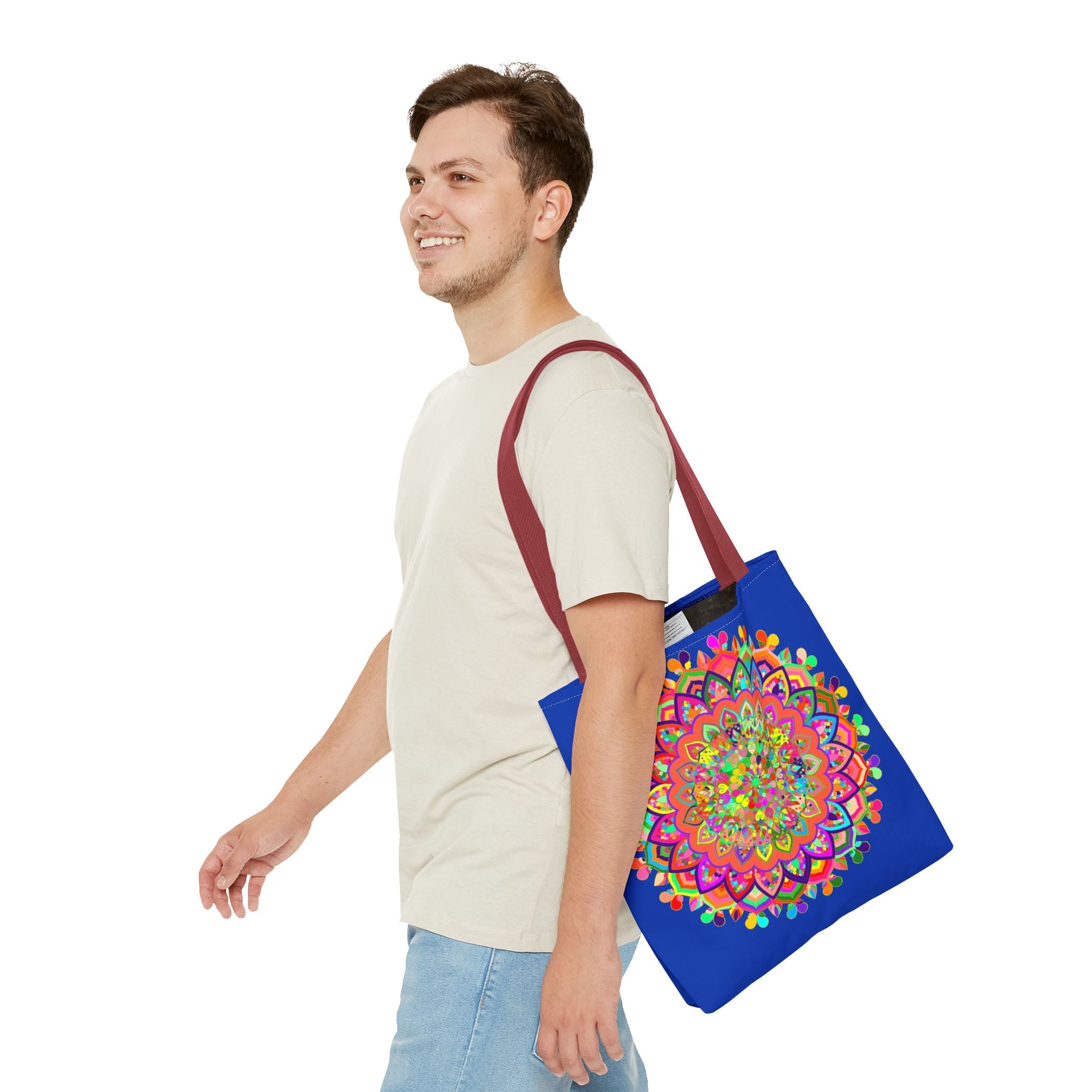 Dark blue tote bag featuring a colorful mandala art design, perfect for carrying books, groceries, and everyday essentials