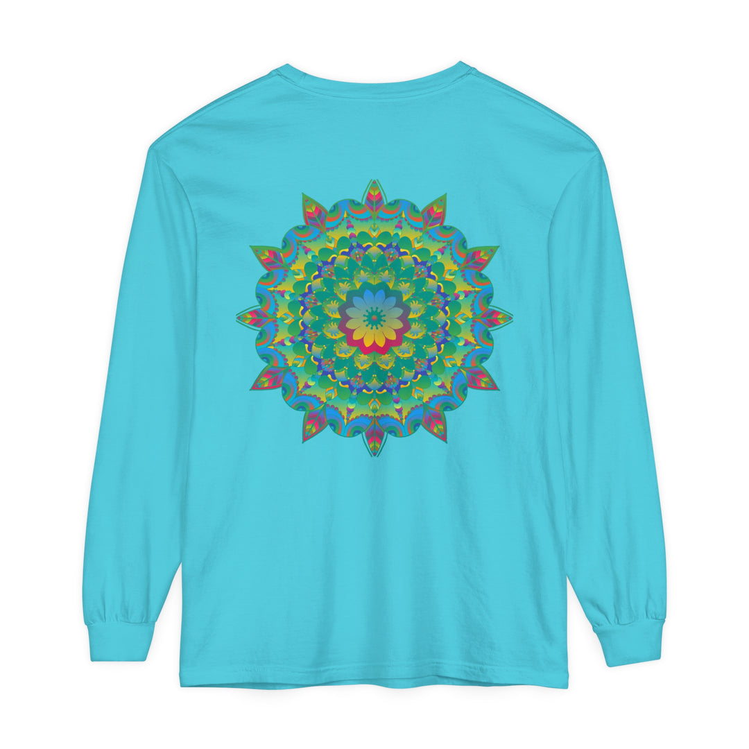 Colorful and intricate psychedelic mandala design on a long sleeve t-shirt