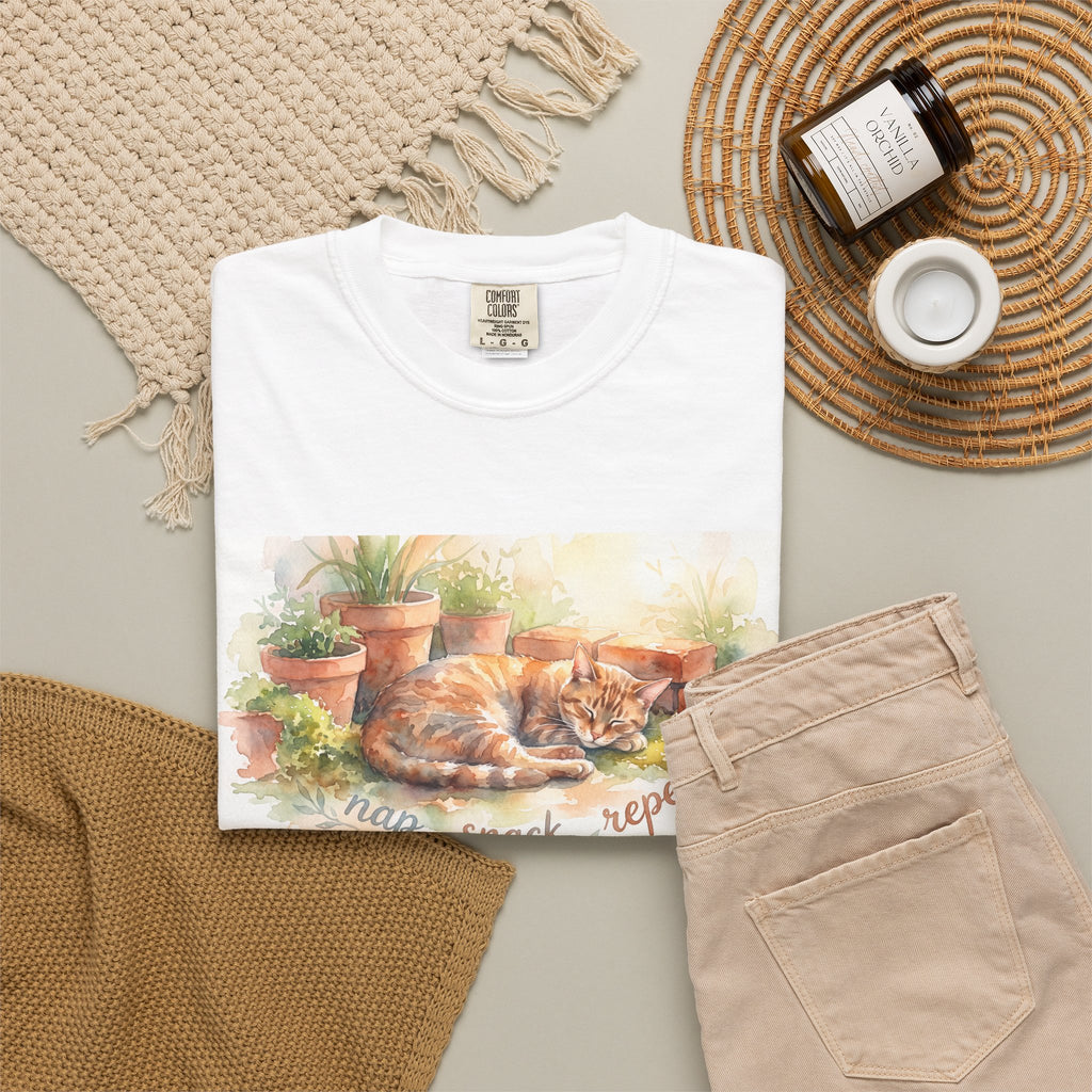 Cat Nap & Snack T-Shirt — Cozy Sleeping Cat Illustration
