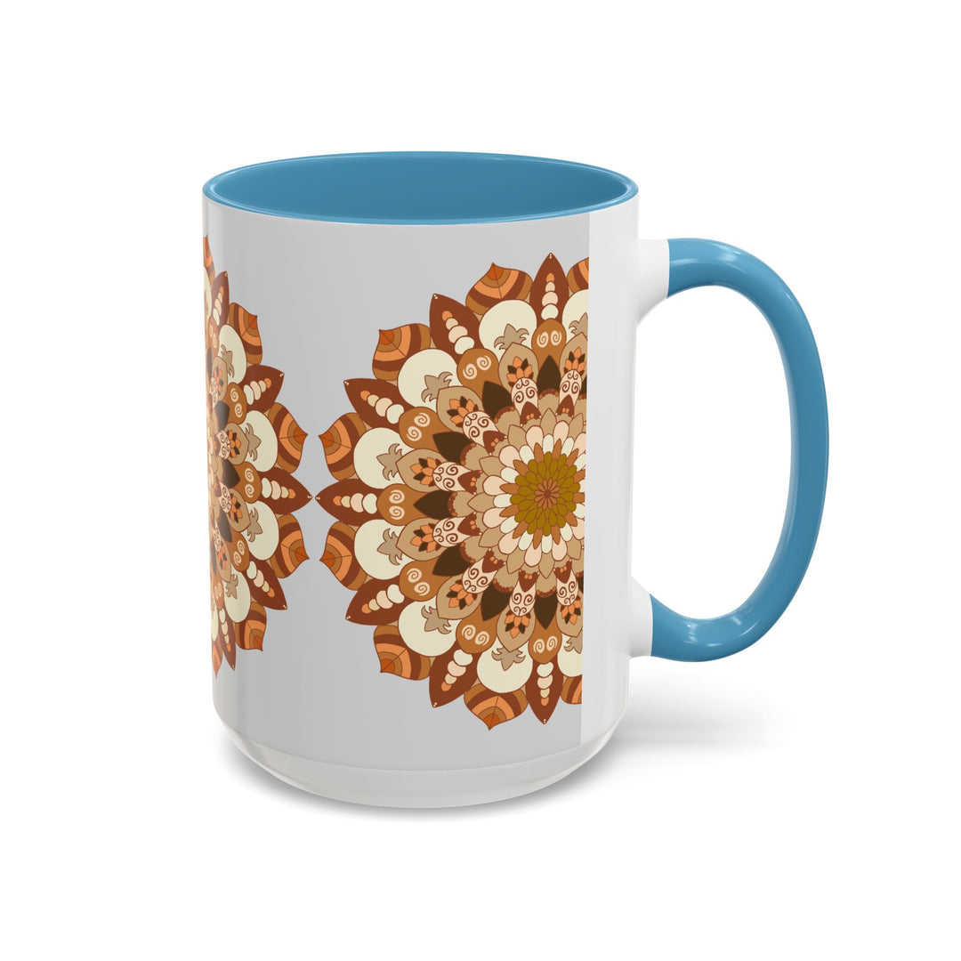 A beautifully designed ceramic mandala art mug with intricate patterns on a light grey background