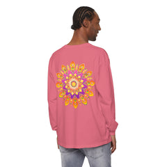 Colorful and intricate mandala design on a unisex long sleeve t-shirt