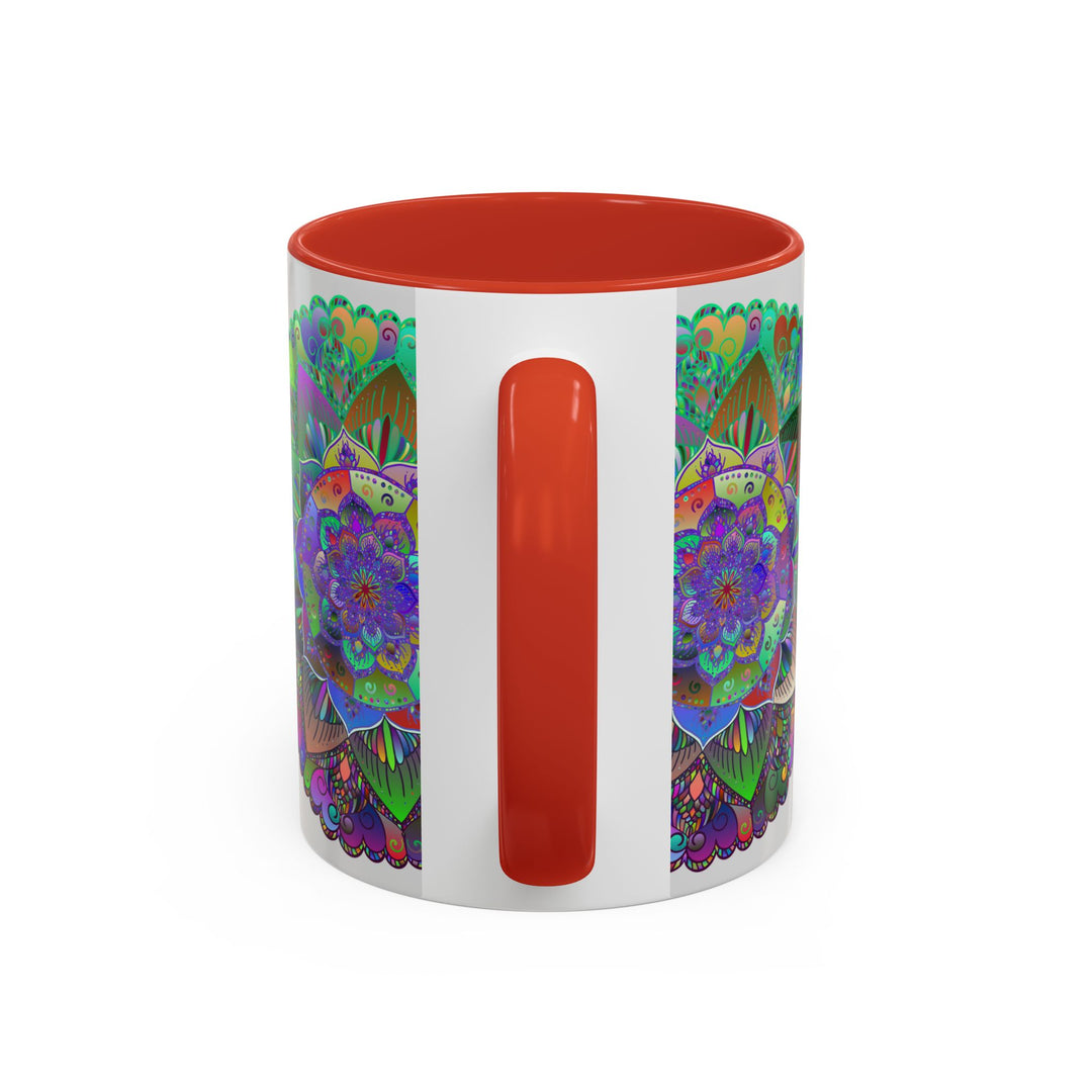 Colorful and intricate mandala art design on ceramic mug perfect for coffee or tea lovers