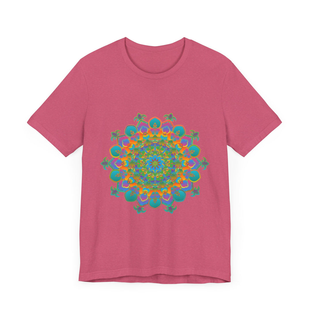 A vibrant mandala tee featuring a beautifully intricate circular floral design in bright, eye-catching colors