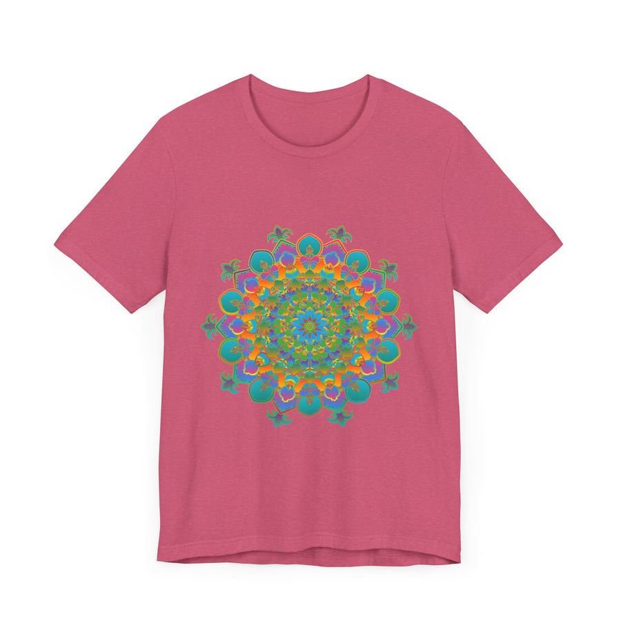 A vibrant mandala tee featuring a beautifully intricate circular floral design in bright, eye-catching colors
