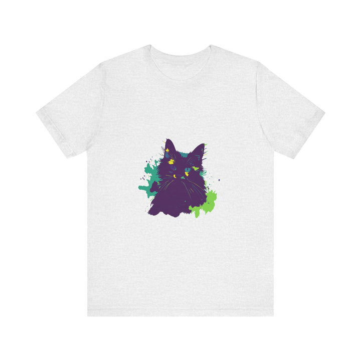 Vibrant purple t-shirt with abstract cat design, perfect for mystery lovers and cat enthusiasts