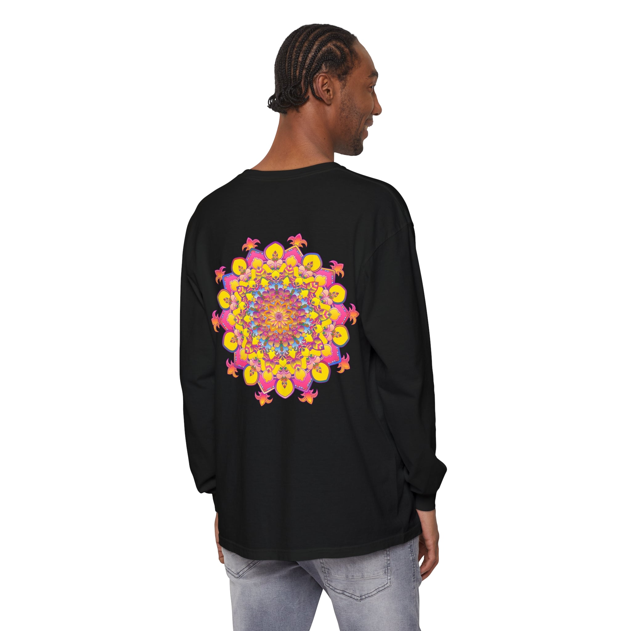 Colorful and intricate mandala design printed on a unisex long sleeve t-shirt