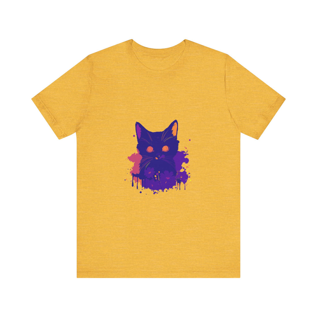 An abstract art t-shirt featuring a mysterious black cat design