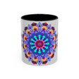 Handcrafted ceramic mug featuring a colorful and symmetrical mandala design