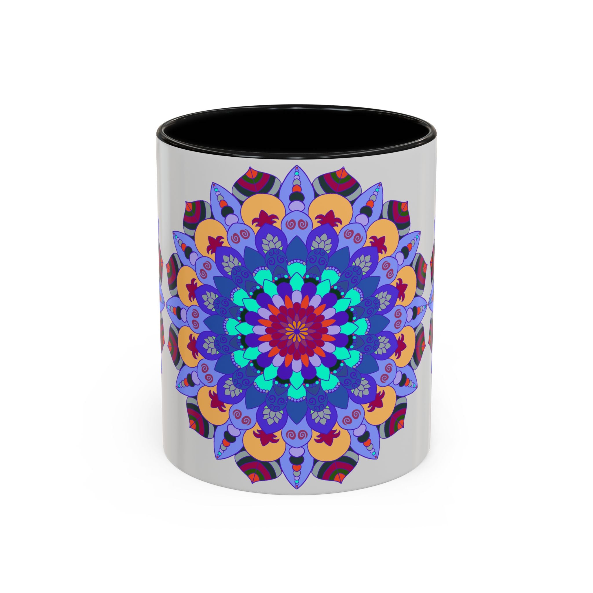 Handcrafted ceramic mug featuring a colorful and symmetrical mandala design