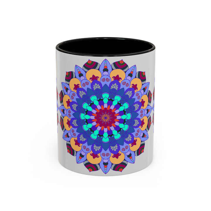 Handcrafted ceramic mug featuring a colorful and symmetrical mandala design