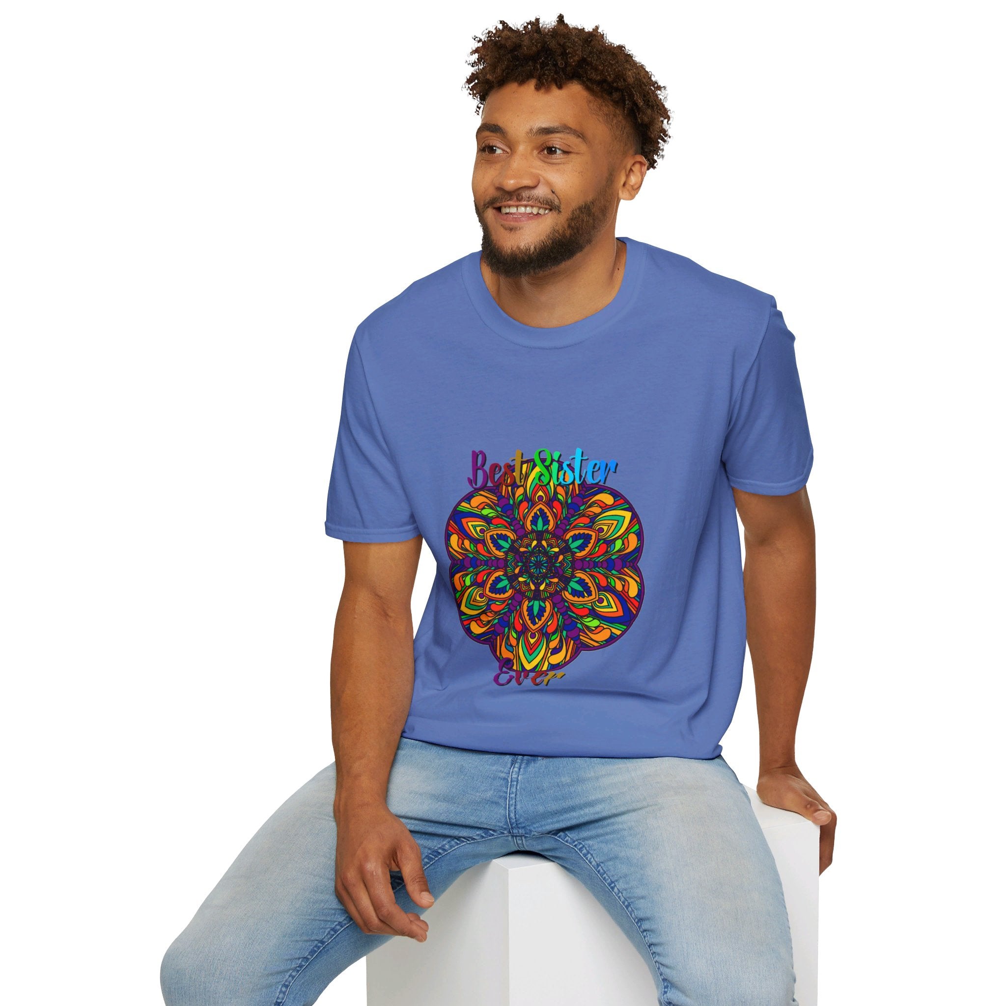 Colorful and intricate mandala art gift for sister unisex softstyle t-shirt with hand-drawn design