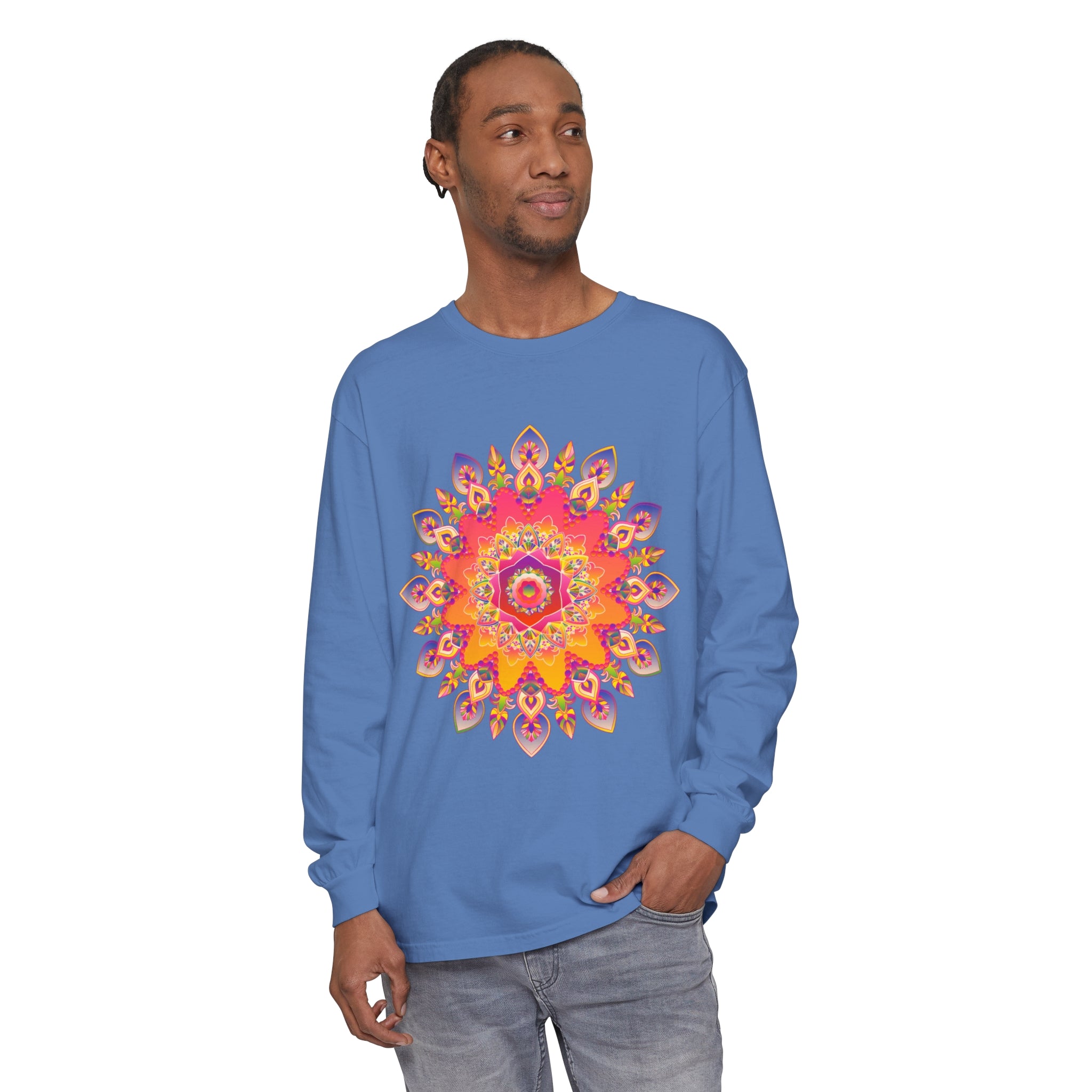 Colorful and intricate mandala design on unisex long sleeve t-shirt