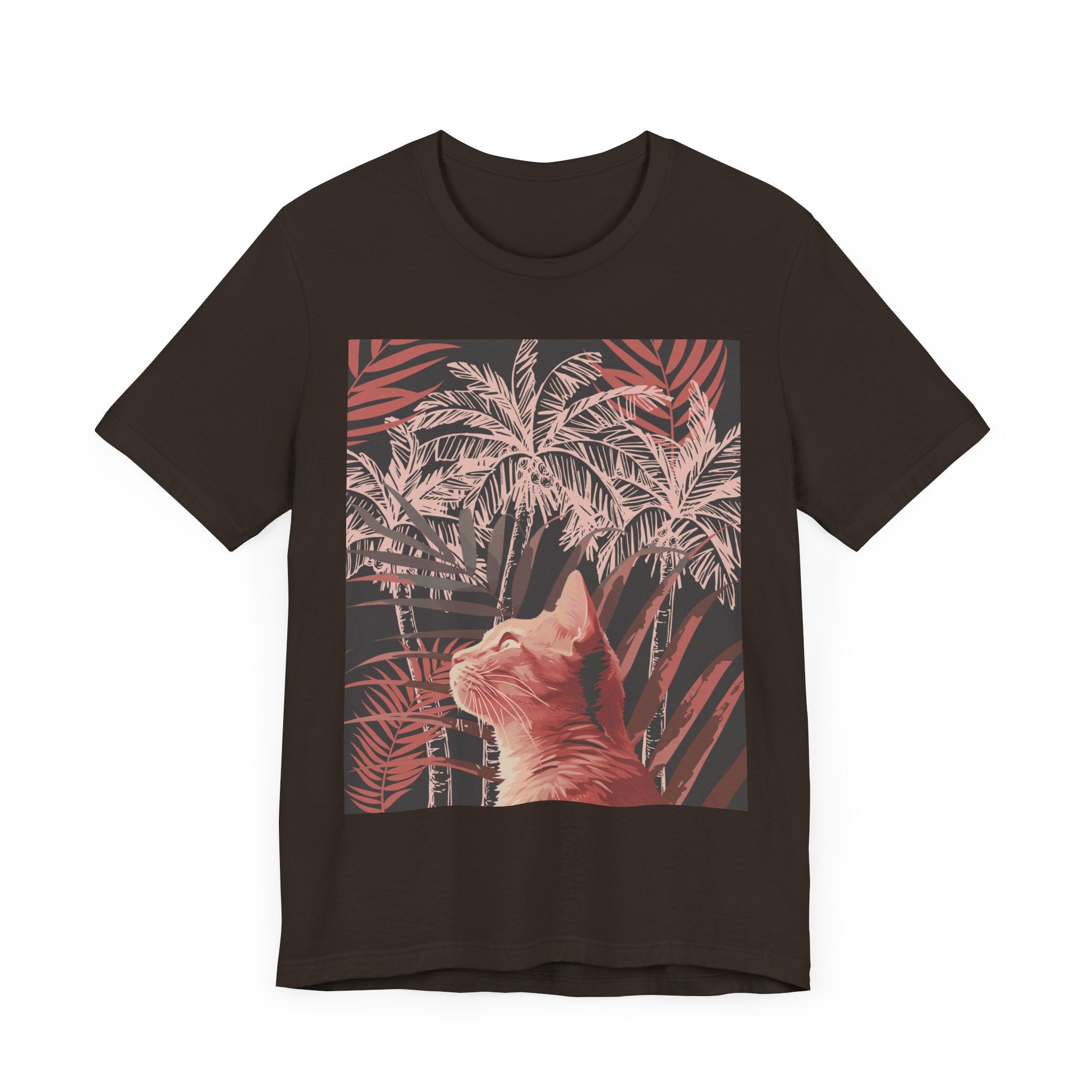 Adorable ginger cat lounging under a palm tree on a stylish tee shirt